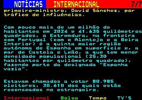 226.7. NOTÍCIAS. INTERNACIONAL. 7 7. primeiro-ministro, David Sánchez, por tráfico de influências. Com pouco mais de um milhão de habitantes em 2024 e 41.635 quilómetros quadrados, a Extremdura, na fronteira com Portugal (com o Alentejo e a Beira Interior) é a quinta maior região autónoma de Espanha em superfície e, a par de Castela e Leão, a que tem menor densidade populacional (25,30 habitantes por quilómetro quadrado), fazendo parte da designada Espanha vazia . Estavam chamados a votar 80.985 eleitores, 30.610 dos quais estão recenseados no estrangeiro.