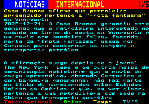 227.1. NOTÍCIAS. INTERNACIONAL. 1 5. Casa Branca afirma que petroleiro apreendido pertence a frota fantasma. da Venezuela 2025-12-21: A Casa Branca garantiu este domingo que o petroleiro intercetado no sábado ao largo da costa da Venezuela é um navio com bandeira falsa, fazendo parte da frota fantasma usada por Caracas para contornar as sanções e transportar petróleo. A afirmação surge depois de o jornal The New York Times e de outros meios de comunicação noticiarem que o navio de carga apreendido, chamado Centuries e com bandeira panamenha, não faz parte da lista de sancionados pelos Estados Unidso da América e que, em vez disso, pertence a uma petrolífera com sede na China que transporta petróleo.