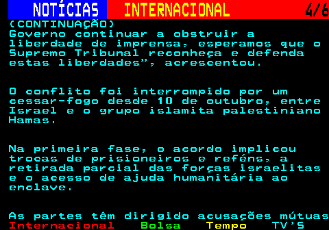 228.4. NOTÍCIAS. INTERNACIONAL. 4 6. (CONTINUAÇÃO) Governo continuar a obstruir a liberdade de imprensa, esperamos que o Supremo Tribunal reconheça e defenda estas liberdades , acrescentou. O conflito foi interrompido por um cessar-fogo desde 10 de outubro, entre Israel e o grupo islamita palestiniano Hamas. Na primeira fase, o acordo implicou trocas de prisioneiros e reféns, a retirada parcial das forças israelitas e o acesso de ajuda humanitária ao enclave. As partes têm dirigido acusações mútuas.