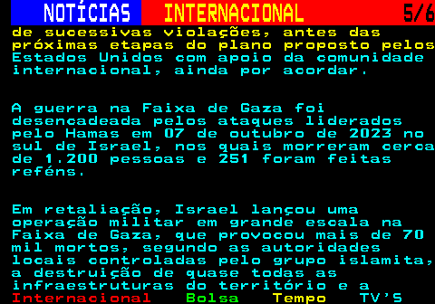228.5. NOTÍCIAS. INTERNACIONAL. 5 6. de sucessivas violações, antes das próximas etapas do plano proposto pelos. Estados Unidos com apoio da comunidade internacional, ainda por acordar. A guerra na Faixa de Gaza foi desencadeada pelos ataques liderados pelo Hamas em 07 de outubro de 2023 no sul de Israel, nos quais morreram cerca de 1.200 pessoas e 251 foram feitas reféns. Em retaliação, Israel lançou uma operação militar em grande escala na Faixa de Gaza, que provocou mais de 70 mil mortos, segundo as autoridades locais controladas pelo grupo islamita, a destruição de quase todas as infraestruturas do território e a.
