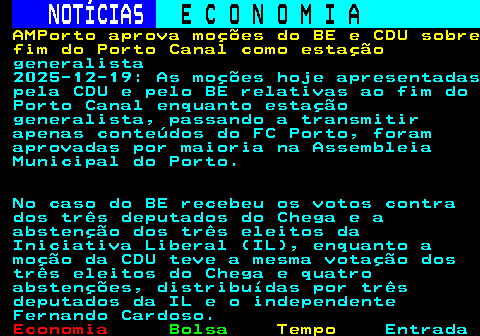 232.1. NOTÍCIAS. E C O N O M I A. sn. AMPorto aprova moções do BE e CDU sobre fim do Porto Canal como estação. generalista 2025-12-19: As moções hoje apresentadas pela CDU e pelo BE relativas ao fim do Porto Canal enquanto estação generalista, passando a transmitir apenas conteúdos do FC Porto, foram aprovadas por maioria na Assembleia Municipal do Porto. No caso do BE recebeu os votos contra dos três deputados do Chega e a abstenção dos três eleitos da Iniciativa Liberal (IL), enquanto a moção da CDU teve a mesma votação dos três eleitos do Chega e quatro abstenções, distribuídas por três deputados da IL e o independente Fernando Cardoso.