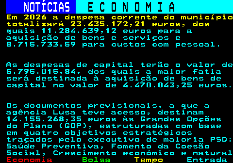 233.3. NOTÍCIAS. E C O N O M I A. sn. Em 2026 a despesa corrente do município totalizará 23.435.172,21 euros, dos. quais 11.284.639,12 euros para a aquisição de bens e serviços e 8.715.733,59 para custos com pessoal. As despesas de capital terão o valor de 5.795.015,84, dos quais a maior fatia será destinada à aquisição de bens de capital no valor de 4.470.043,25 euros. Os documentos previsionais, a que a agência Lusa teve acesso, destinam 14.155.268,35 euros às Grandes Opções do Plano (GOP), estruturadas com base em quatro objetivos estratégicos traçados pelo executivo de maioria PSD: Saúde Preventiva, Fomento da Coesão Social, Crescimento económico e natural.