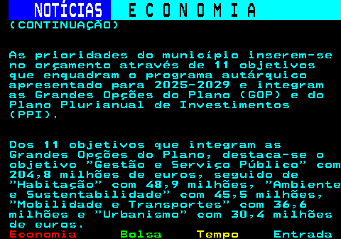 234.8. NOTÍCIAS. E C O N O M I A. sn. (CONTINUAÇÃO) As prioridades do município inserem-se no orçamento através de 11 objetivos que enquadram o programa autárquico apresentado para 2025-2029 e integram as Grandes Opções do Plano (GOP) e do Plano Plurianual de Investimentos (PPI). Dos 11 objetivos que integram as Grandes Opções do Plano, destaca-se o objetivo Gestão e Serviço Público com 204,8 milhões de euros, seguido de Habitação com 48,9 milhões, Ambiente e Sustentabilidade com 45,5 milhões, Mobilidade e Transportes com 36,6 milhões e Urbanismo com 30,4 milhões de euros.