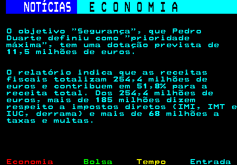 234.9. NOTÍCIAS. E C O N O M I A. sn. O objetivo Segurança , que Pedro Duarte definiu como prioridade máxima , tem uma dotação prevista de 11,5 milhões de euros. O relatório indica que as receitas fiscais totalizam 254,4 milhões de euros e contribuem em 51,8% para a receita total. Dos 254,4 milhões de euros, mais de 185 milhões dizem respeito a impostos diretos (IMI, IMT e IUC, derrama) e mais de 68 milhões a taxas e multas.