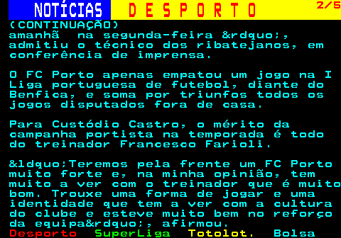 251.2. NOTÍCIAS. D E S P O R T O. 2 6. (CONTINUAÇÃO) únicas situações de golo na primeira parte. O criativo João Teixeira esteve em destaque a atirar ao poste, aos 25 minutos, e a servir Reinaldo (26), que não teve melhor pontaria, e Tiago Almeida (41), que rematou ao lado, para mais duas boas situações. Os algarvios, que não venciam na competição desde setembro, responderam logo a abrir o segundo tempo, inaugurando o marcador num livre direto batido por Mamede e finalizado por Alexandre, de cabeça, aos 48 minutos. O encontro manteve-se com o domínio dos transmontanos, que não conseguiram aproveitar as situações de perigo junto.