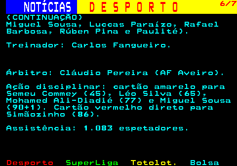 258.6. NOTÍCIAS. D E S P O R T O. 6 7. (CONTINUAÇÃO) Miguel Sousa, Luccas Paraízo, Rafael Barbosa, Rúben Pina e Paulité). Treinador: Carlos Fangueiro. Árbitro: Cláudio Pereira (AF Aveiro). Ação disciplinar: cartão amarelo para Semeu Commey (45), Léo Silva (65), Mohamed Ali-Diadié (77) e Miguel Sousa (90+1). Cartão vermelho direto para Simãozinho (86). Assistência: 1.083 espetadores.