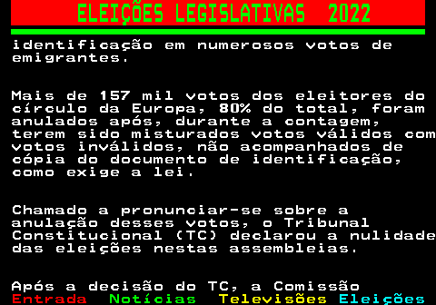 261.6. ELEIÇÕES LEGISLATIVAS 2022. identificação em numerosos votos de emigrantes. Mais de 157 mil votos dos eleitores do círculo da Europa, 80% do total, foram anulados após, durante a contagem, terem sido misturados votos válidos com votos inválidos, não acompanhados de cópia do documento de identificação, como exige a lei. Chamado a pronunciar-se sobre a anulação desses votos, o Tribunal Constitucional (TC) declarou a nulidade das eleições nestas assembleias. Após a decisão do TC, a Comissão.
