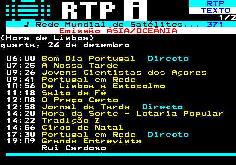 367.1. RTP. TEXTO. 1 2. ♪ Rede Mundial de Satélites. 371. Emissão ÁSIA OCEÂNIA.(Hora de Lisboa)quarta, 24 de dezembro 06:00. Bom Dia Portugal. Directo. 07:25. A Nossa Tarde. 09:26. Jovens Cientistas dos Açores. 09:41. Portugal em Rede. 10:56. De Lisboa a Estocolmo. 11:18. Salto de Fé. 12:08. O Preço Certo. 12:58. Jornal da Tarde. Directo. 14:20. Hora da Sorte - Lotaria Popular. 14:22. Tradição Z. 14:56. Circo de Natal. 17:30. Portugal em Rede. Directo. 19:09. Grande Entrevista. Rui Cardoso.