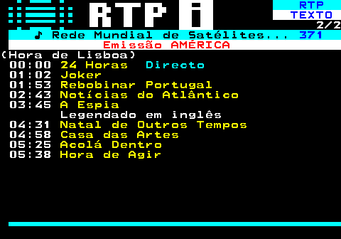 368.2. RTP. TEXTO. 2 2. ♪ Rede Mundial de Satélites. 371. Emissão AMÉRICA.(Hora de Lisboa) 00:00. 24 Horas. Directo. 01:02. Joker. 01:53. Rebobinar Portugal. 02:43. Notícias do Atlântico. 03:45. A Espia. Legendado em inglês 04:31. Natal de Outros Tempos. 04:58. Casa das Artes. 05:25. Acolá Dentro. 05:38. Hora de Agir.