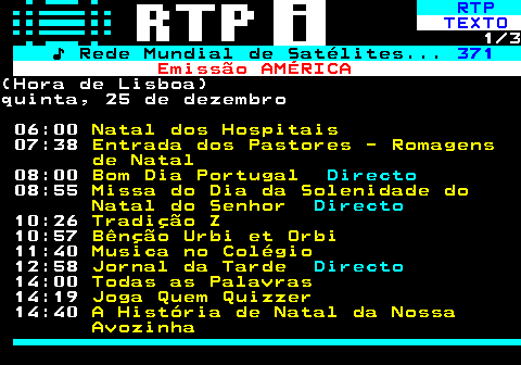 369.1. RTP. TEXTO. 1 2. ♪ Rede Mundial de Satélites. 371. Emissão AMÉRICA.(Hora de Lisboa)quarta, 24 de dezembro 06:00. Bom Dia Portugal. Directo. 10:00. Festa de Natal. 12:58. Jornal da Tarde. Directo. 14:20. Hora da Sorte - Lotaria Popular. 14:27. Festa de Natal. 17:30. Portugal em Rede. Directo. 19:05. O Preço Certo. 19:55. Mensagem de Natal do Secretário de Estado das Comunidades. 19:58. Telejornal. Directo. 21:01. Mensagem de Natal do Patriarca de Lisboa. 21:07. Músicas da Festa. 22:02. Acolá Dentro.