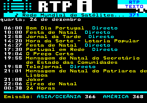 370.1. RTP. TEXTO. ♪ Rede Mundial de Satélites. 371.quarta, 24 de dezembro 06:00. Bom Dia Portugal. Directo. 10:00. Festa de Natal. Directo. 12:58. Jornal da Tarde. Directo. 14:20. Hora da Sorte - Lotaria Popular. 14:27. Festa de Natal. Directo. 17:30. Portugal em Rede. Directo. 19:04. O Preço Certo. 19:55. Mensagem de Natal do Secretário de Estado das Comunidades. 19:58. Telejornal. Directo. 21:01. Mensagem de Natal do Patriarca de Lisboa. 21:08. Joker. 22:06. Circo de Natal. 00:38. 24 Horas Emissão:. ÁSIA OCEÂNIA. 366. AMÉRICA. 368.