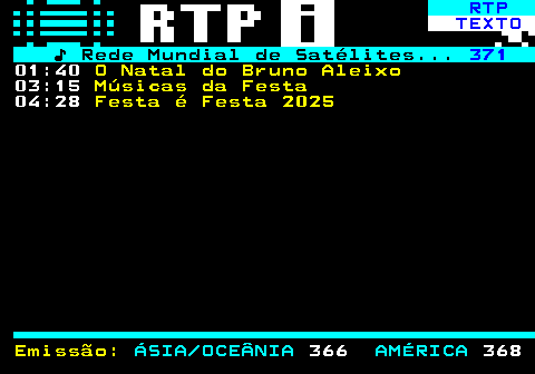 370.2. RTP. TEXTO. ♪ Rede Mundial de Satélites. 371. 01:40. O Natal do Bruno Aleixo. 03:15. Músicas da Festa. 04:28. Festa é Festa 2025 Emissão:. ÁSIA OCEÂNIA. 366. AMÉRICA. 368.