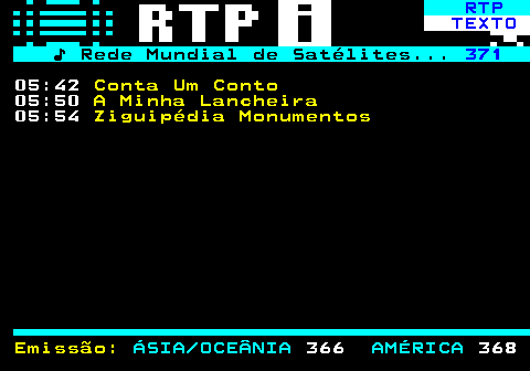 373.3. RTP. TEXTO. ♪ Rede Mundial de Satélites. 371. 05:42. Conta Um Conto. 05:50. A Minha Lancheira. 05:54. Ziguipédia Monumentos Emissão:. ÁSIA OCEÂNIA. 366. AMÉRICA. 368.