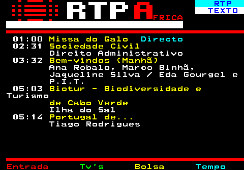 375.4. RTP. TEXTO. FRICA. 01:00. Missa do Galo. Directo. 02:31. Sociedade Civil. Direito Administrativo 03:32. Bem-vindos (Manhã). Ana Robalo, Marco Binhã, Jaqueline Silva Eda Gourgel e P.I.T. 05:03. Biotur - Biodiversidade e. Turismo. de Cabo Verde. Ilha do Sal 05:14. Portugal de. Tiago Rodrigues.