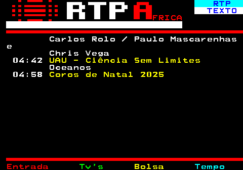 376.4. RTP. TEXTO. FRICA. Carlos Rolo Paulo Mascarenhas e Chris Vega 04:42. UAU - Ciência Sem Limites. Oceanos 04:58. Coros de Natal 2025.
