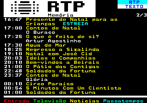 391.2. RTP. TEXTO. Memória. 2 3 16:47. Presente de Natal para as Crianças. ESTREIA. 17:00. Contos de Natal. O Buraco 17:25. O que é feito de si?. Artur Agostinho 17:30. Água de Mar. 18:25. Regresso a Sizalinda. 19:10. Natal com José Cid. 20:03. Ideias e Companhias. 20:10. Bem-vindos a Beirais. 21:00. O Pátio das Cantigas. 22:48. Soldados da Fortuna. 23:37. Contos de Natal. Glória 00:10. Circo Paraíso. 00:54. 5 Minutos Com Um Cientista. 01:00. Soldados da Fortuna.