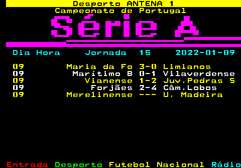 420.1. Desporto ANTENA 1. Campeonato de Portugal. Dia Hora Jornada 15 2022-01-09. 09 Maria da Fo 3-0 Limianos. 09 Marítimo B 0-1 Vilaverdense. 09 Vianense 1-2 Juv.Pedras S. 09 Forjães 2-4 Câm.Lobos. 09 Merelinense --- U. Madeira.