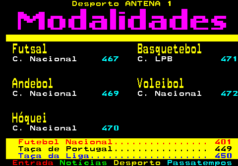 466.1. Desporto ANTENA 1. Futsal Basquetebol. C. Nacional. 467. C. LPB. 471. Andebol Voleibol. C. Nacional. 469. C. Nacional. 472. Hóquei. C. Nacional. 470. Futebol Nacional. 401. Taça de Portugal. 449. Taça da Liga. 450.