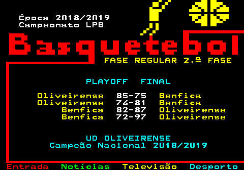 471.1. Época 2018 2019 Campeonato LPB. FASE REGULAR 2.ª FASE. PLAYOFF FINAL. Oliveirense. 85-75. Benfica Oliveirense. 74-81. Benfica Benfica. 82-87. Oliveirense Benfica. 72-97. Oliveirense. UD OLIVEIRENSE Campeão Nacional 2018 2019.