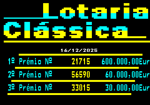 497.1. 16 12 2025. 1º Prémio Nº. 21715. 600.000,00Eur 2º Prémio Nº. 56590. 60.000,00Eur 3º Prémio Nº. 33015. 30.000,00Eur.