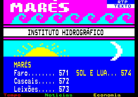 570.1. RTP. TEXTO. INSTITUTO HIDROGRÁFICO. MARÉS. Faro. 571. SOL E LUA. 574. Cascais. 572 Leixões. 573.