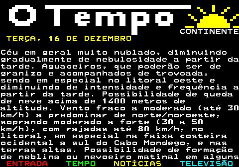 576.5. CONTINENTE. TERÇA, 16 DE DEZEMBRO.Céu em geral muito nublado, diminuindogradualmente de nebulosidade a partir datarde. Aguaceiros, que poderão ser degranizo e acompanhados de trovoada,sendo em especial no litoral oeste ediminuindo de intensidade e frequência apartir da tarde. Possibilidade de quedade neve acima de 1400 metros dealtitude. Vento fraco a moderado (até 30km h) a predominar de norte noroeste,soprando moderado a forte (30 a 50km h), com rajadas até 80 km h, nolitoral, em especial na faixa costeiraocidental a sul do Cabo Mondego, e nasterras altas. Possibilidade de formaçãode neblina ou nevoeiro matinal em alguns.