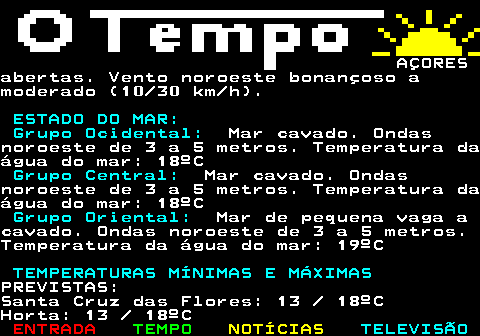 580.2. AÇORESPeríodos de céu muito nublado comabertas. Aguaceiros no início da manhã.Pequena descida da temperatura do ar.Vento norte moderado (20 30 km h),tornando-se bonançoso (10 20 km h). ESTADO DO MAR: Grupo Ocidental:. Mar cavado,tornando-se de pequena vaga. Ondasnoroeste de 5 a 6 metros, diminuindopara 4 a 5 metros. Temperatura da águado mar: 18ºC. Grupo Central:. Mar cavado, tornando-seencrespado. Ondas noroeste de 3 a 5metros. Temperatura da água do mar: 18ºC. Grupo Oriental:. Mar cavado,tornando-se de pequena vaga. Ondasnoroeste de 3 a 5 metros. Temperatura da.
