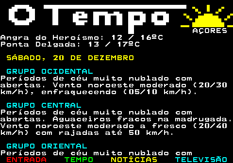 580.3. AÇORESágua do mar: 19ºC. TEMPERATURAS MÍNIMAS E MÁXIMAS.PREVISTAS:Santa Cruz das Flores: 12 16ºCHorta: 12 16ºCAngra do Heroísmo: 12 16ºCPonta Delgada: 12 17ºC. SEXTA, 19 DE DEZEMBRO. GRUPO OCIDENTAL.Períodos de céu muito nublado comabertas, tornando-se encoberto para atarde. Períodos de chuva fraca para ofinal da tarde, passando a aguaceirosfracos. Vento sudoeste bonançoso (10 20km h), tornando-se moderado a fresco.