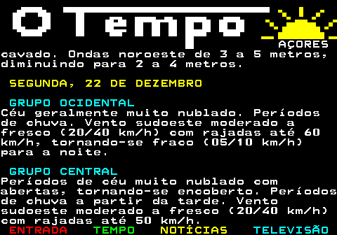 580.7. AÇORESPeríodos de céu muito nublado comabertas, temporariamente encobertodurante a manhã. Períodos de chuva fracana madrugada e manhã, passando aaguaceiros. Vento noroeste bonançoso amoderado (10 30 km h), rodando paranorte. ESTADO DO MAR: Grupo Ocidental:. Mar de pequena vaga,tornando-se encrespado. Ondas noroestede 3 a 4 metros, passando a norte. Grupo Central:. Mar cavado, tornando-sede pequena vaga. Ondas noroeste de 2 a 4metros. Grupo Oriental:. Mar de pequena vaga acavado. Ondas noroeste de 2 a 4 metros.