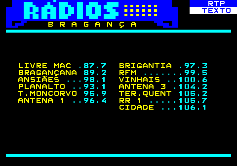 586.7. RTP. TEXTO. B R A G A N Ç A LIVRE MAC. .87.7. BRIGANTIA. .97.3. BRAGANÇANA. 89.2. RFM. . 99.5. ANSIÃES. . 98.1. VINHAIS. . 100.6. PLANALTO. . 93.1. ANTENA 3. .104.2. T.MONCORVO. 95.9. TER.QUENT. 105.2. ANTENA 1. . 96.4. RR 1. . 105.7. CIDADE. . 106.1.