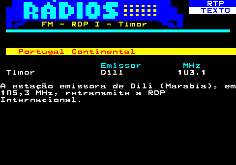 586.28. RTP. TEXTO. FM - RDP I - Timor. Portugal Continental. Emissor MHz. Timor Dili 103.1A estação emissora de Dili (Marabia), em105,3 MHz, retransmite a RDPInternacional.